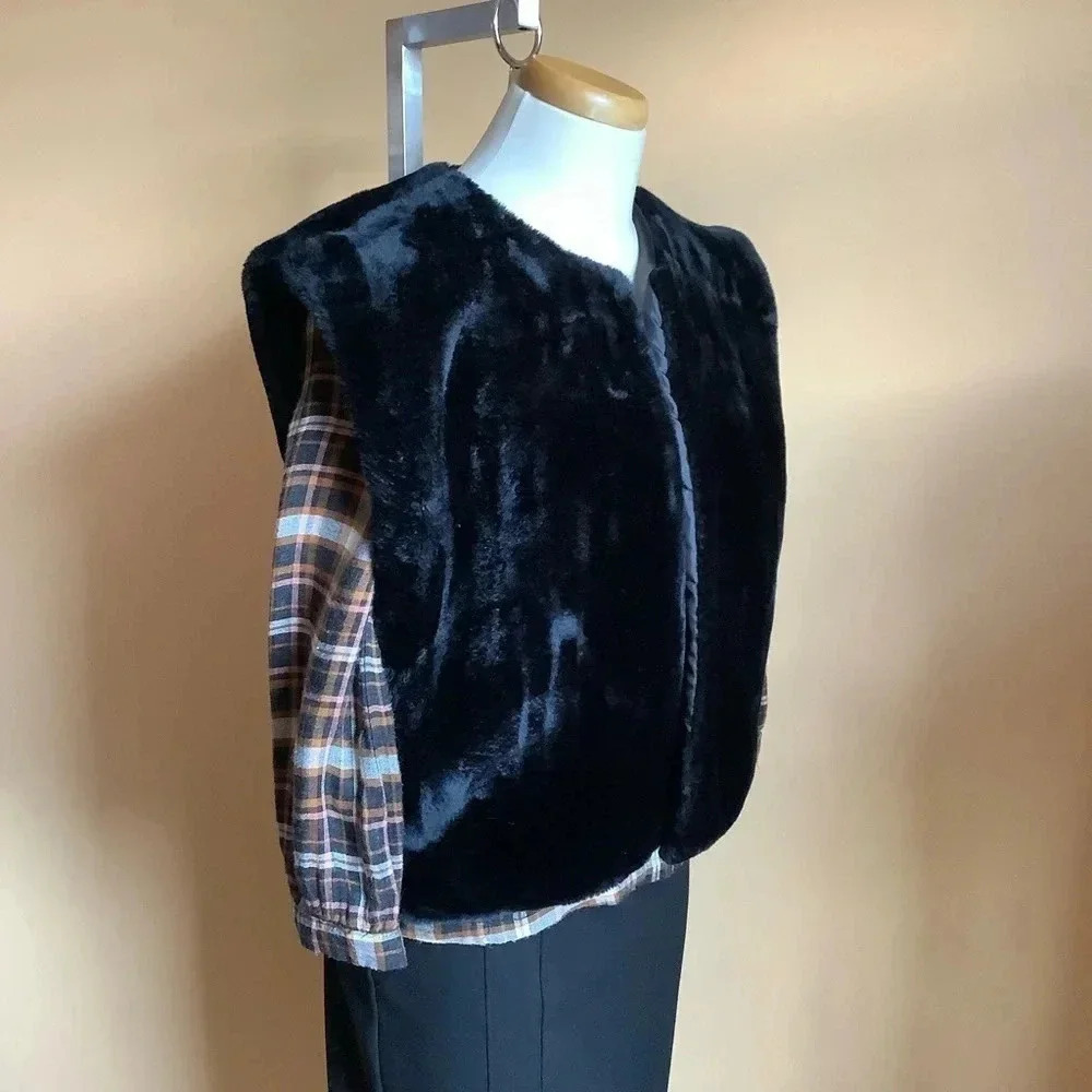 VINTAGE Black Faux Fur Cropped Vest Collarless Open Front Plush Waistcoat XL - Picture 5 of 13